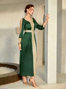 Al Najma Floral Embroidery Chain Detail Modest Dress - Dark Green - View 5