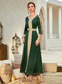 Al Najma Floral Embroidery Chain Detail Modest Dress - Dark Green - View 6