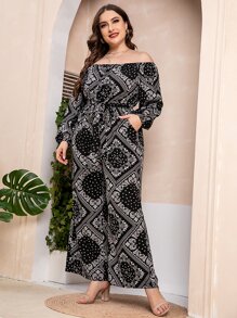 Plus Paisley Scarf Print Off Shoulder Wide Leg Belted Jumpsuit