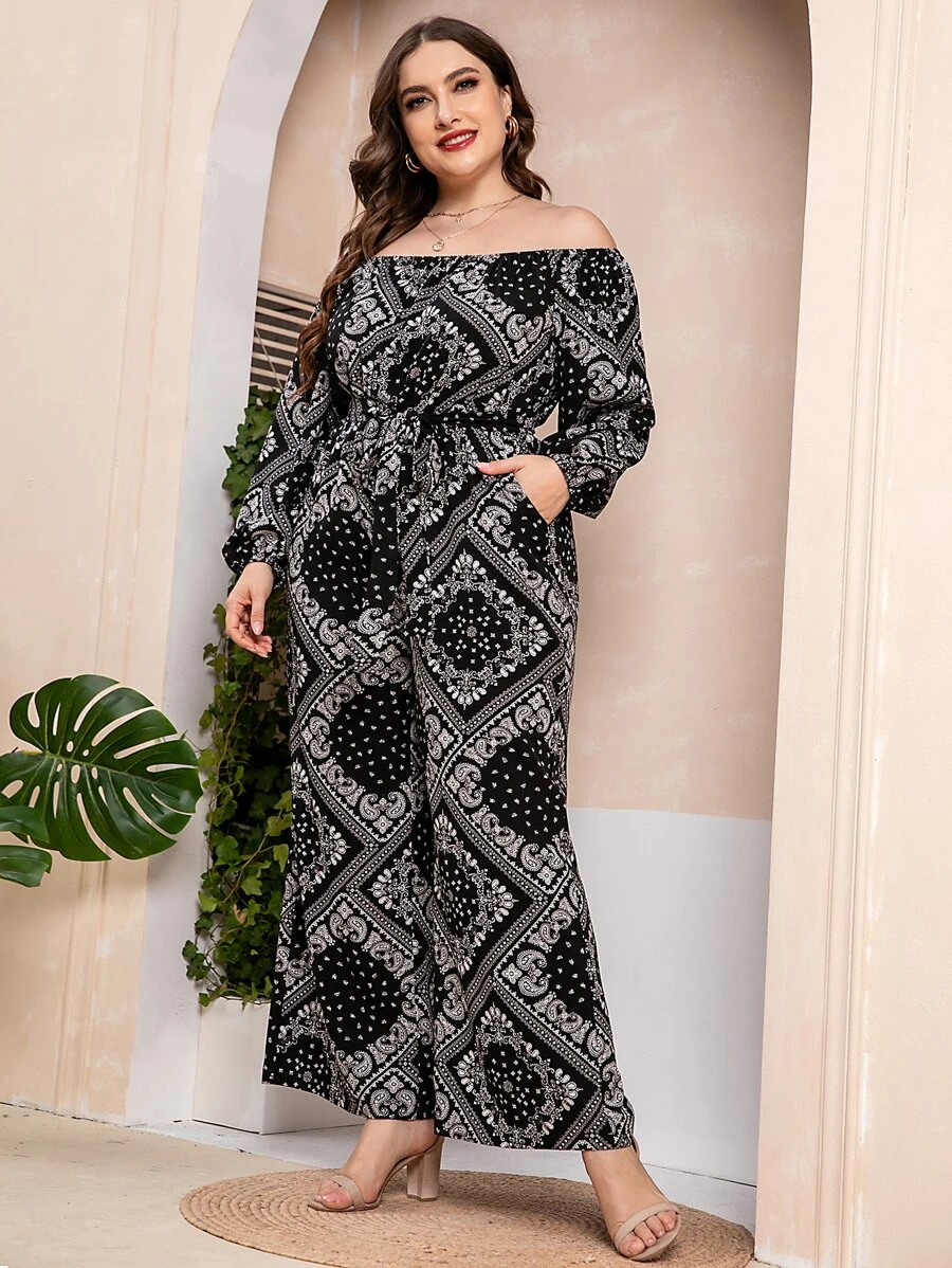 Plus Paisley Scarf Print Off Shoulder Wide Leg Belted Jumpsuit