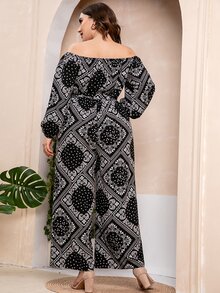 Plus Paisley Scarf Print Off Shoulder Wide Leg Belted Jumpsuit