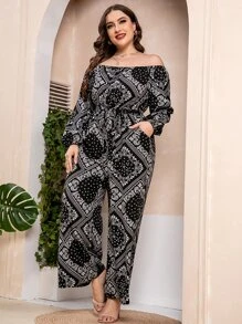 Plus Paisley Scarf Print Off Shoulder Wide Leg Belted Jumpsuit