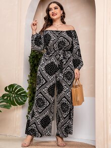 Plus Paisley Scarf Print Off Shoulder Wide Leg Belted Jumpsuit