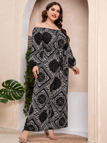 Plus Paisley Scarf Print Off Shoulder Wide Leg Belted Jumpsuit