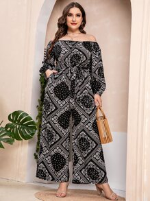 Plus Paisley Scarf Print Off Shoulder Wide Leg Belted Jumpsuit