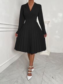 Chiquease Lapel Collar Pleated Hem Dress - Black - View 3