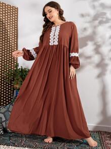 Al Najma Plus Size Guipure Lace Insert Lantern Sleeve Dress
