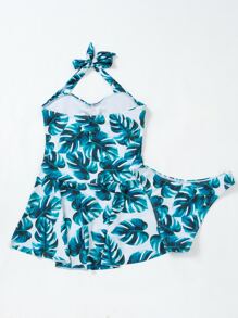 Tropical Print Ruffle Hem Halter Swim Dress Summer Beach - Blue - View 4