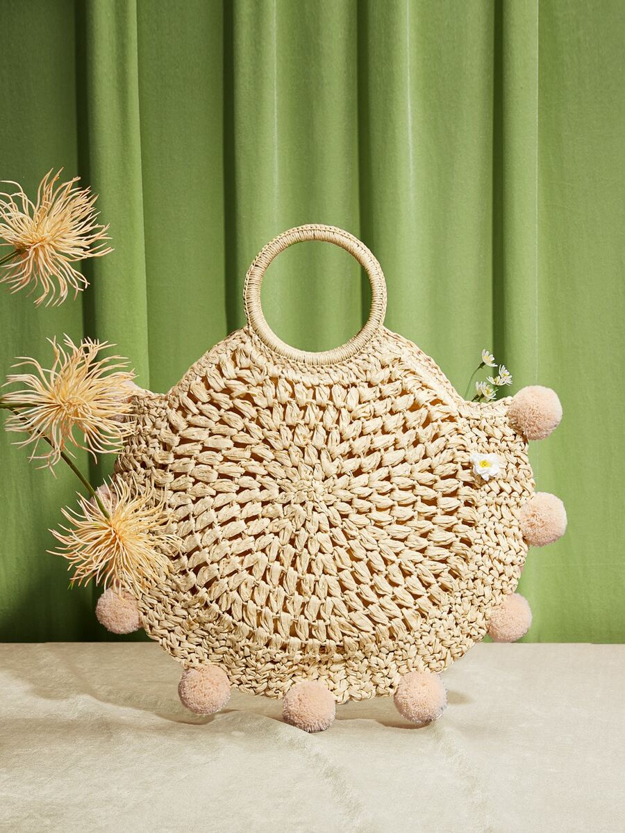 Pom Pom Straw Tote Bag - Apricot - View 1