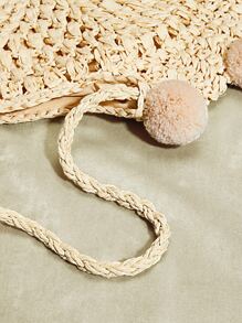 Pom Pom Straw Tote Bag - Apricot - View 5