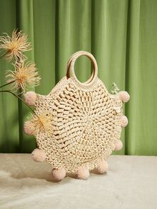 Pom Pom Straw Tote Bag - Apricot - View 6