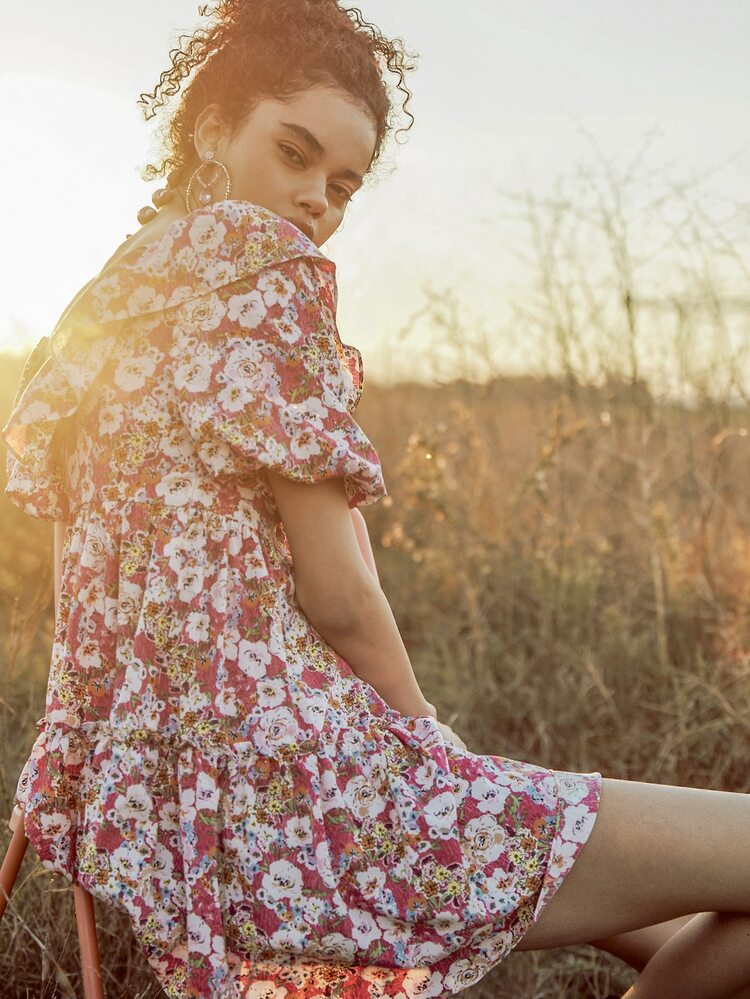 SHEIN VCAY Đầm viền lá sen Xù Hoa Boho - Nhiều màu - Xem 4