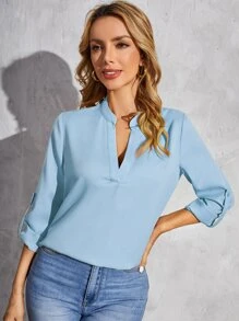SHEIN Clasi Roll Tab Sleeve Notched Neck Blouse - Baby Blue - View 1