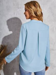 SHEIN Clasi Roll Tab Sleeve Notched Neck Blouse - Baby Blue - View 2
