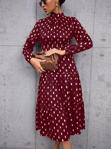 Gold Dot Print Mock Neck Ruffle Hem Dress - Maroon - View 1