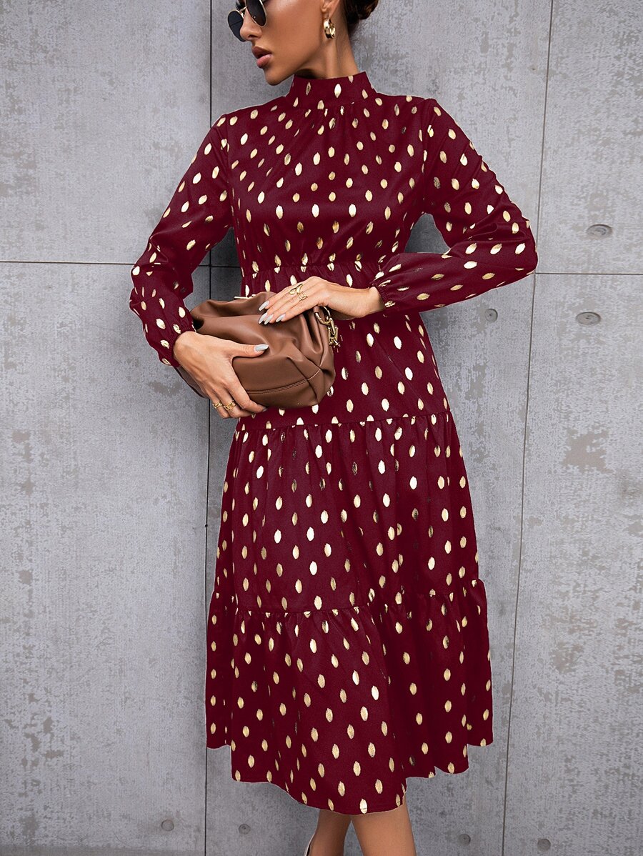 Gold Dot Print Mock Neck Ruffle Hem Dress - Maroon - View 1