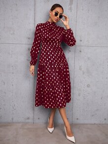 Gold Dot Print Mock Neck Ruffle Hem Dress - Maroon - View 3