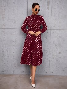 Gold Dot Print Mock Neck Ruffle Hem Dress - Maroon - View 4