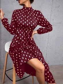 Gold Dot Print Mock Neck Ruffle Hem Dress - Maroon - View 5