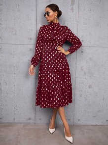 Gold Dot Print Mock Neck Ruffle Hem Dress - Maroon - View 6
