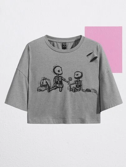 Madelyn Janelle 萬聖印花鏤空落肩袖短款T恤