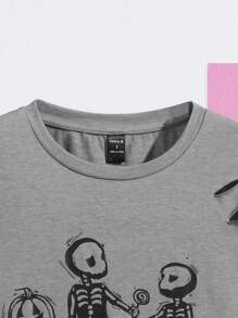 Madelyn Janelle 萬聖印花鏤空落肩袖短款T恤 - 灰色 - 查看 4