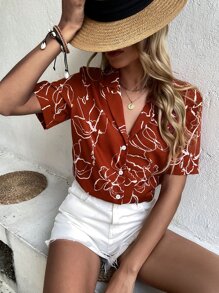 SHEIN VCAY 花卉印花缺口领女式衬衫 - 彩色 - 查看 1