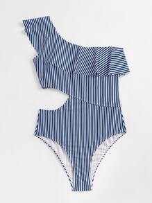 SHEIN Swim Summer Beach Striped Ruffle Cut-Out One Piece Swimsuit