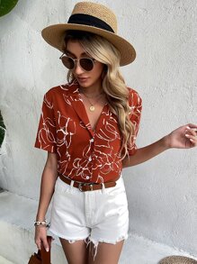 SHEIN VCAY 花卉印花缺口领女式衬衫 - 彩色 - 查看 3