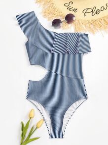 SHEIN Swim Summer Beach Striped Ruffle Cut-Out One Piece Swimsuit