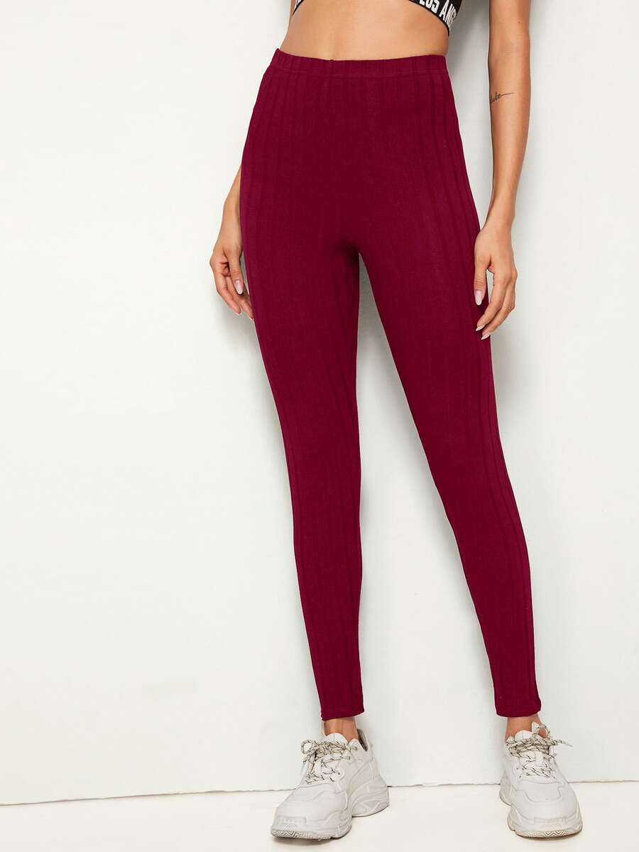 SHEIN EZwear Solid Rib-knit Leggings - Burgundy - View 1