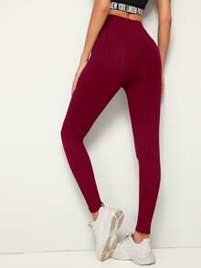 SHEIN EZwear Solid Rib-knit Leggings - Burgundy - View 2