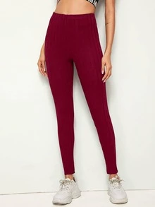 SHEIN EZwear Solid Rib-knit Leggings - Burgundy - View 3