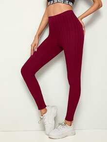 SHEIN EZwear Solid Rib-knit Leggings - Burgundy - View 4