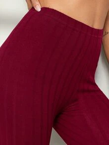 SHEIN EZwear Solid Rib-knit Leggings - Burgundy - View 5