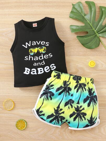 Baby Letter & Palm Tree Print Tank Top & Contrast Binding Shorts