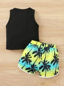 Baby Letter & Palm Tree Print Tank Top & Contrast Binding Shorts - Multicolor - View 2