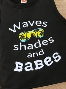 Baby Letter & Palm Tree Print Tank Top & Contrast Binding Shorts - Multicolor - View 3