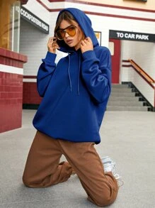 SHEIN Qutie 字母卡通图案落肩抽绳保暖连帽衫，适合毕业季、教师节、返校季等场合穿着。 - 寶藍色 - 查看 3