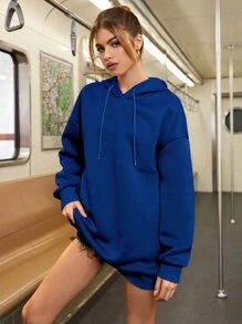 SHEIN Qutie 字母卡通图案落肩抽绳保暖连帽衫，适合毕业季、教师节、返校季等场合穿着。 - 寶藍色 - 查看 4