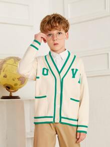 SHEIN Boys Letter Pattern Contrast Trim Cardigan Without Shirt - Beige - View 1