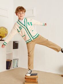 SHEIN Boys Letter Pattern Contrast Trim Cardigan Without Shirt - Beige - View 3