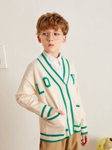 SHEIN Boys Letter Pattern Contrast Trim Cardigan Without Shirt - Beige - View 4