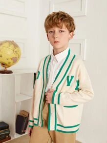 SHEIN Boys Letter Pattern Contrast Trim Cardigan Without Shirt - Beige - View 5