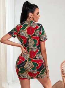 SHEIN SXY 鏈條和虎紋印花側收褶緊身連衣裙 - 彩色 - 查看 2