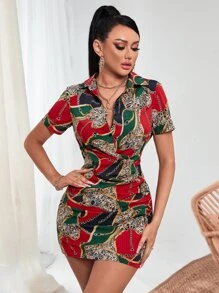 SHEIN SXY 鏈條和虎紋印花側收褶緊身連衣裙 - 彩色 - 查看 5