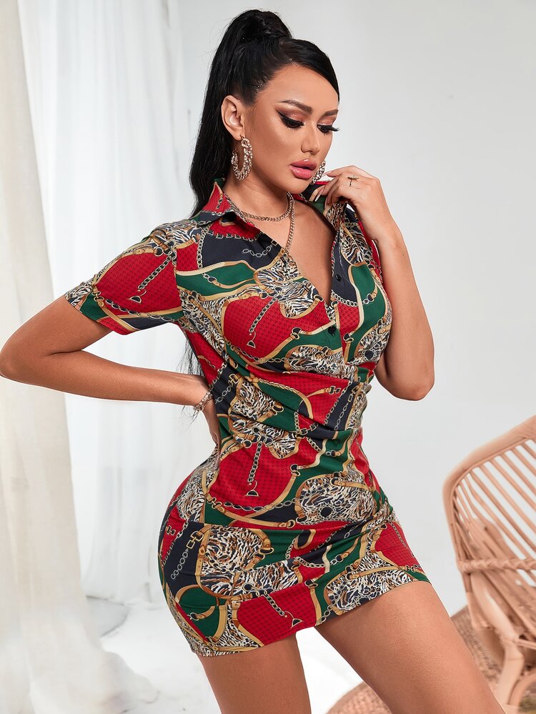 SHEIN SXY 鏈條和虎紋印花側收褶緊身連衣裙 - 彩色 - 查看 7