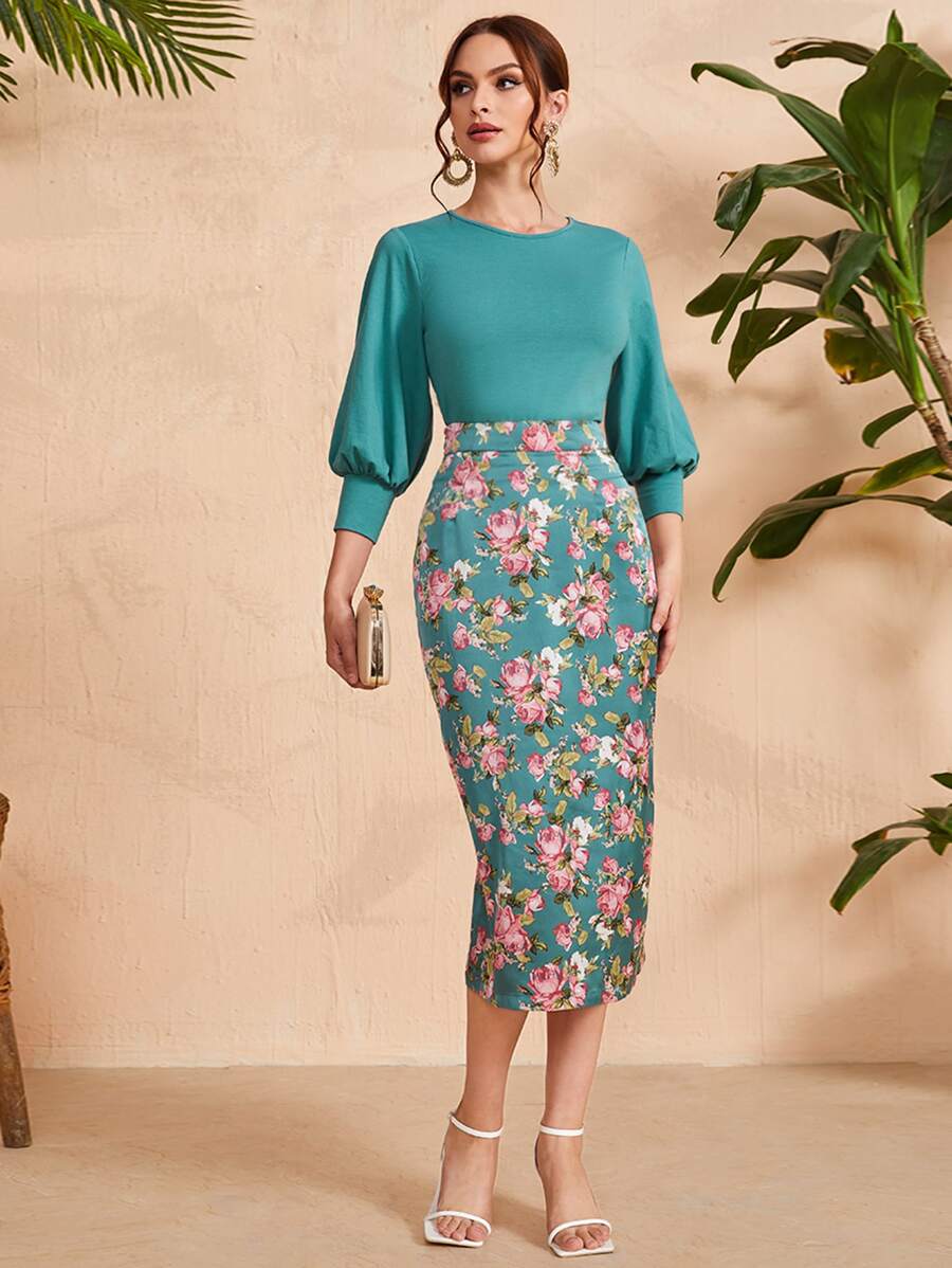 Mulvari Bishop Sleeve Tee and Floral Pencil Skirt Set - Multicolor - View 1
