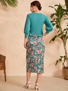 Mulvari Bishop Sleeve Tee and Floral Pencil Skirt Set - Multicolor - View 2