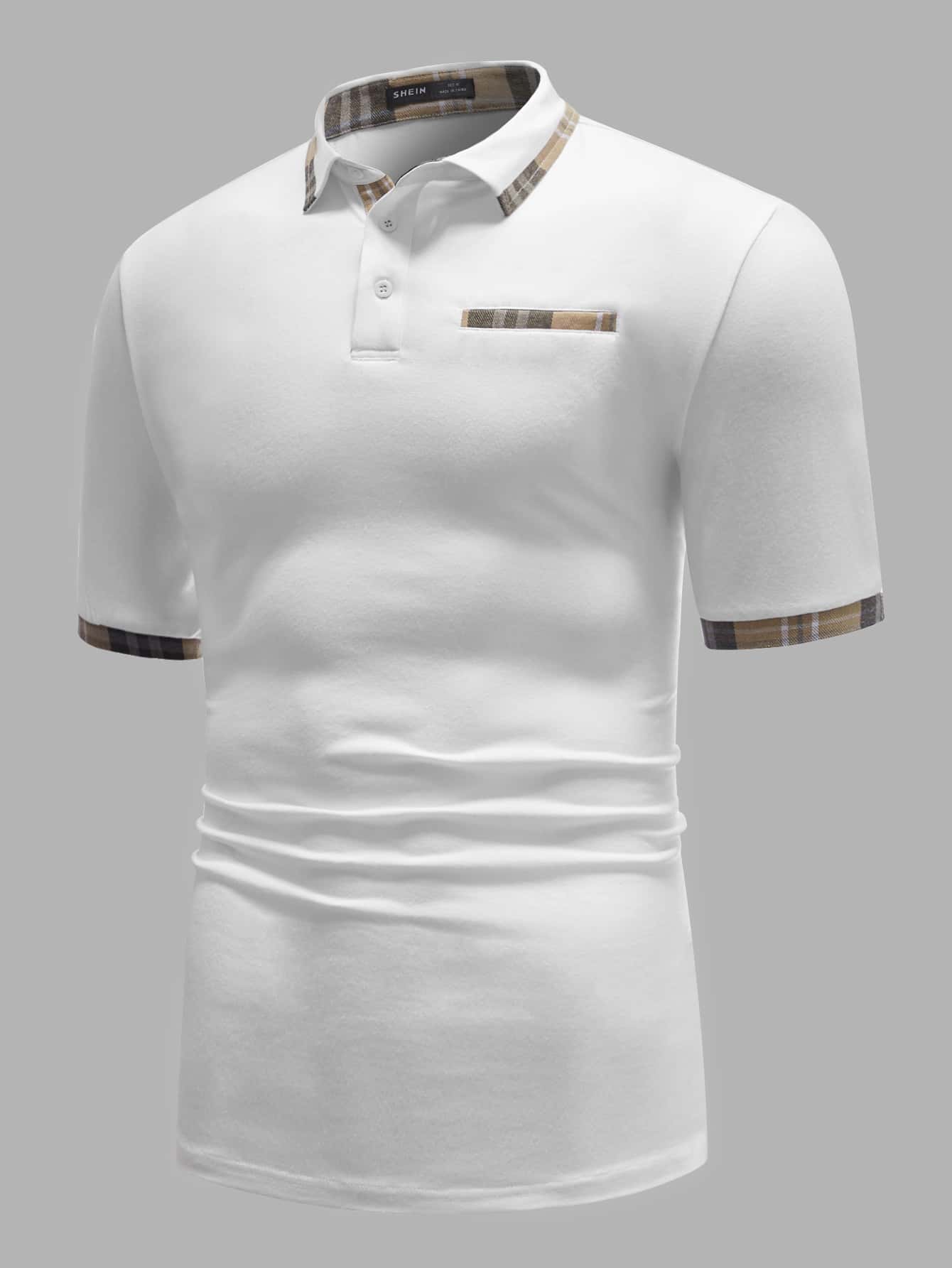 Manfinity VCAY Hombres Camisa polo con estampado de cuadros con parche de bolsillo - Blanco - Ver 1